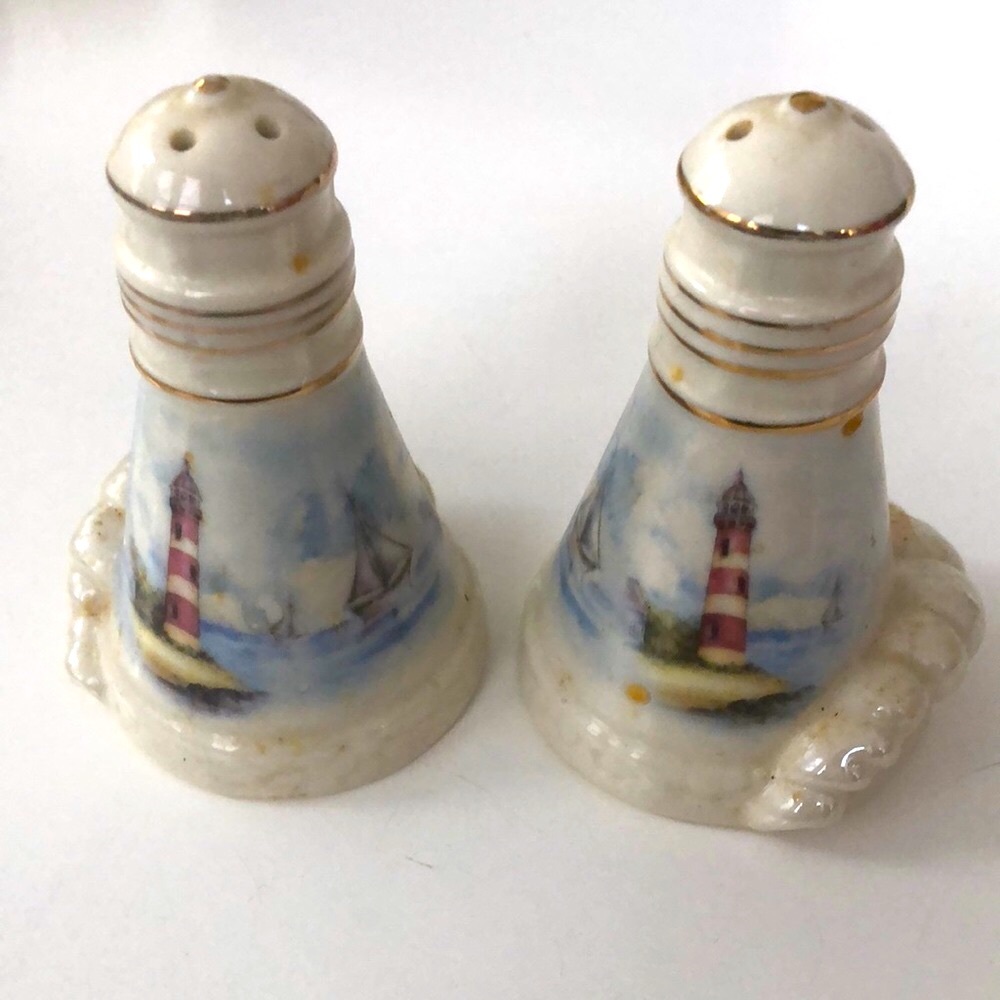 Vintage lighthouse salt and pepper shakers - glazed stoneware